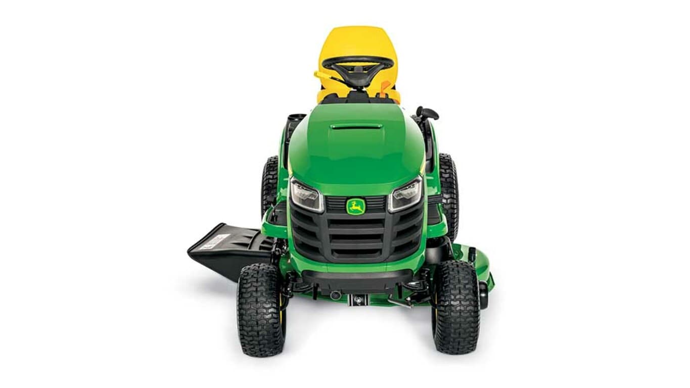 A forward-facing green riding mower with a yellow seat and green mowing deck on a white background.