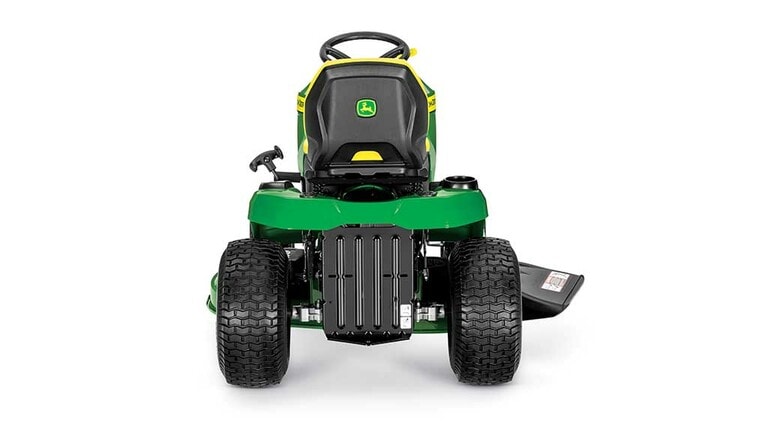 A backward-facing green riding mower with a yellow seat and green mowing deck on a white background.