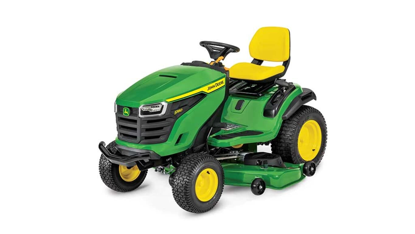 A front-left-facing green riding mower with a yellow seat and green mowing deck on a white background.