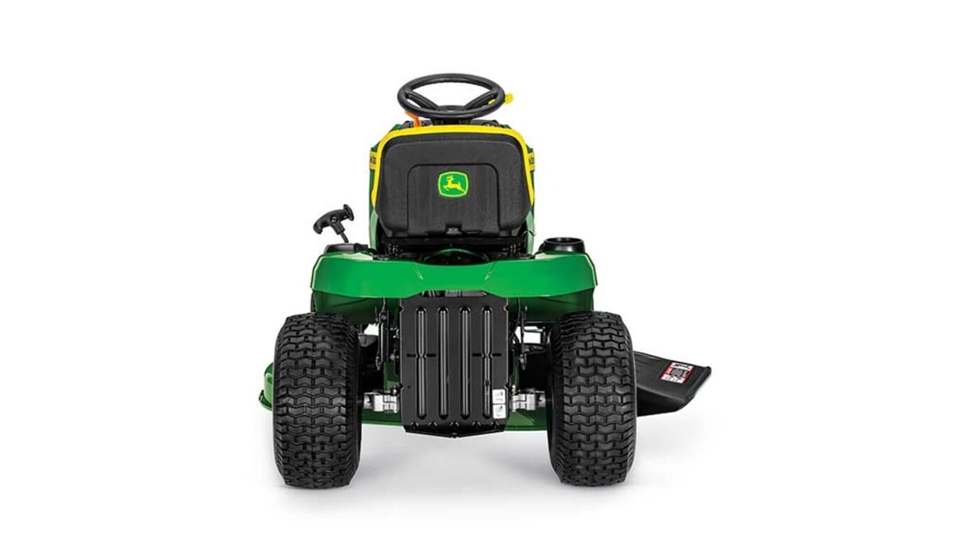 A backward-facing green riding mower with a yellow seat and green mowing deck on a white background.