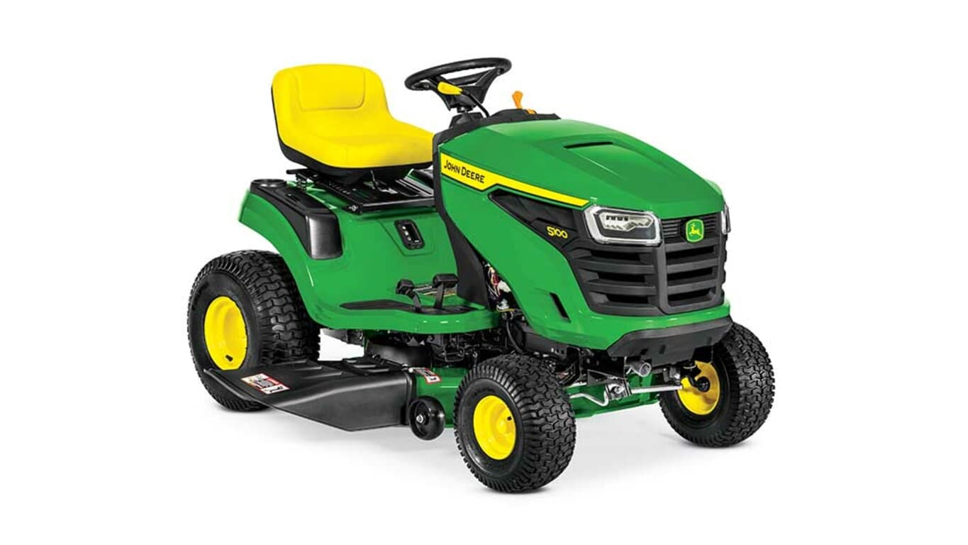 A front-right-facing green riding mower with a yellow seat and green mowing deck on a white background.