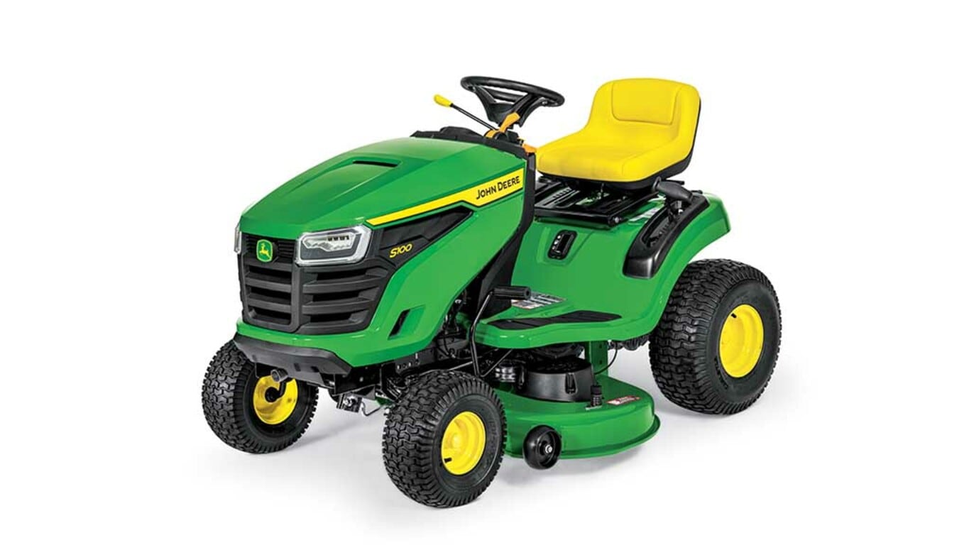 A front-left-facing green riding mower with a yellow seat and green mowing deck on a white background.