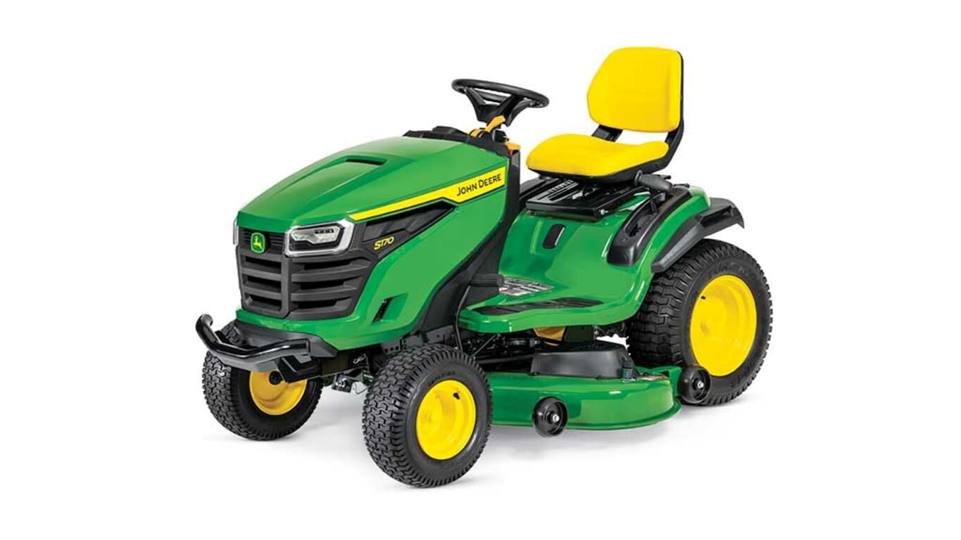 A front-left-facing green riding mower with a yellow seat and green mowing deck on a white background.