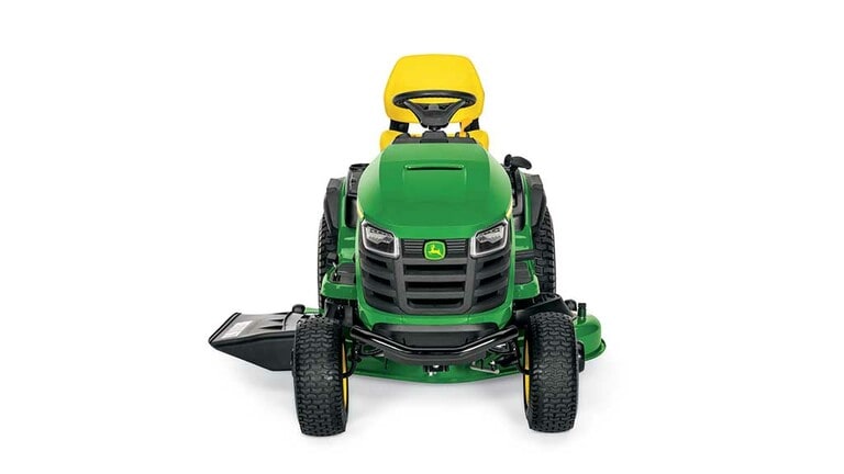A forward-facing green riding mower with a yellow seat and green mowing deck on a white background.