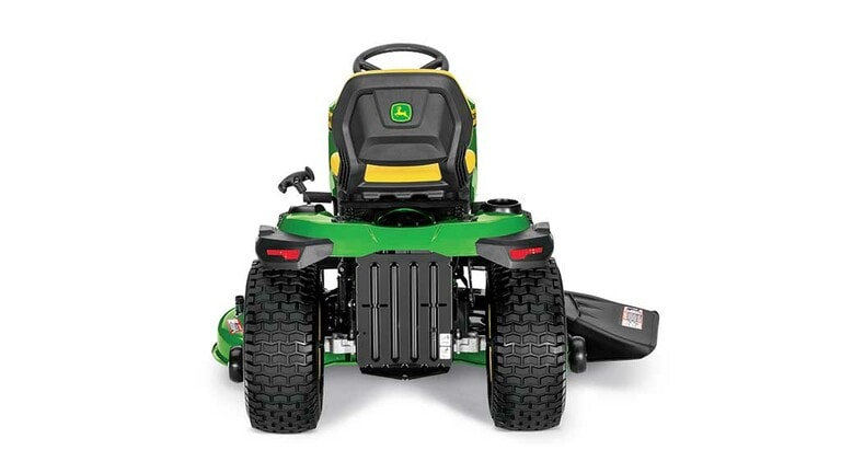 A backward-facing green riding mower with a yellow seat and green mowing deck on a white background.