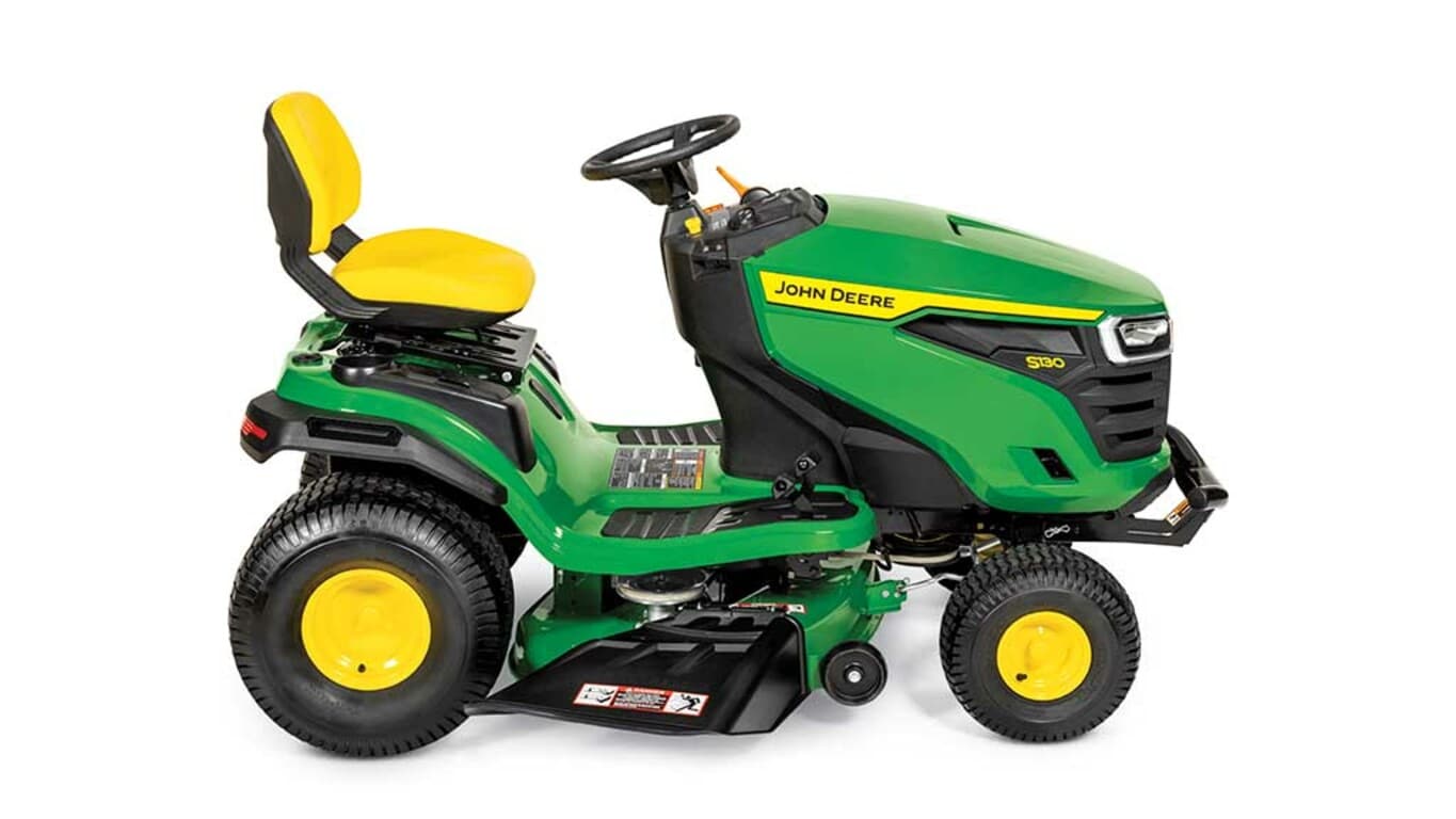 A right-facing green riding mower with a yellow seat and green mowing deck on a white background.