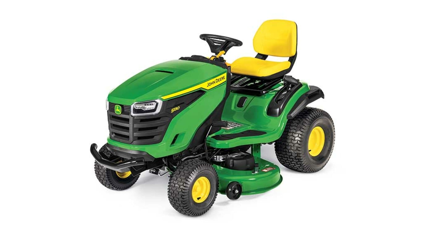 A front-left-facing green riding mower with a yellow seat and green mowing deck on a white background.