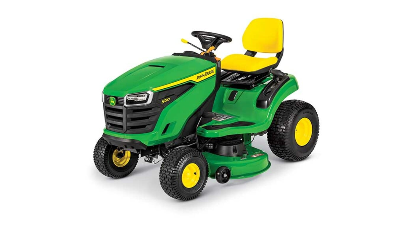 A front-left-facing green riding mower with a yellow seat and green mowing deck on a white background.