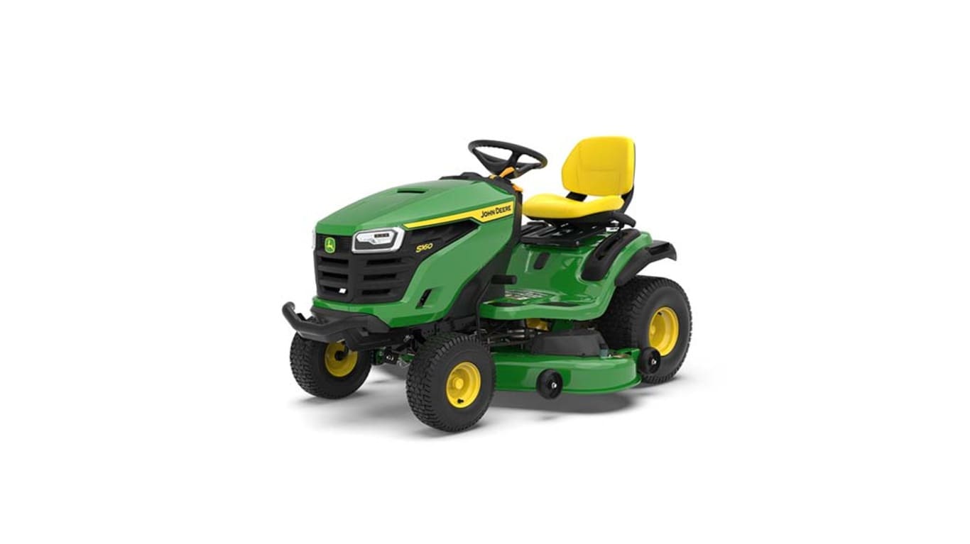 A front-left-facing green riding mower with a yellow seat and green mowing deck on a white background.