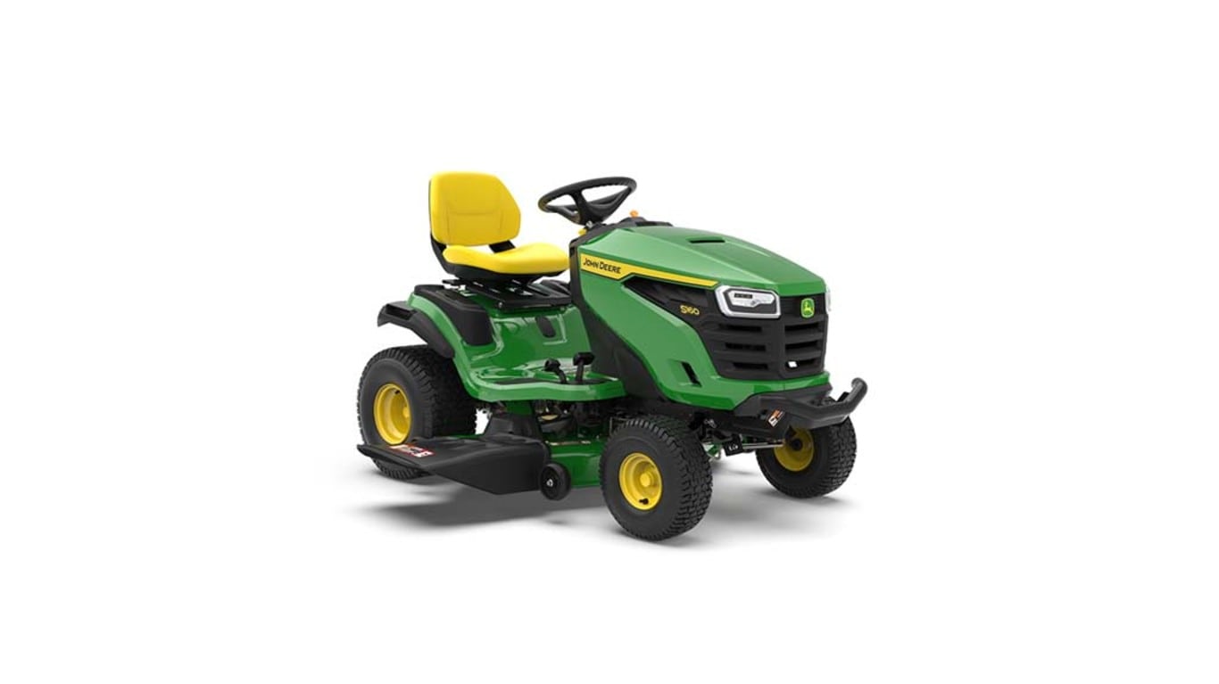 A front-right-facing green riding mower with a yellow seat and green mowing deck on a white background.