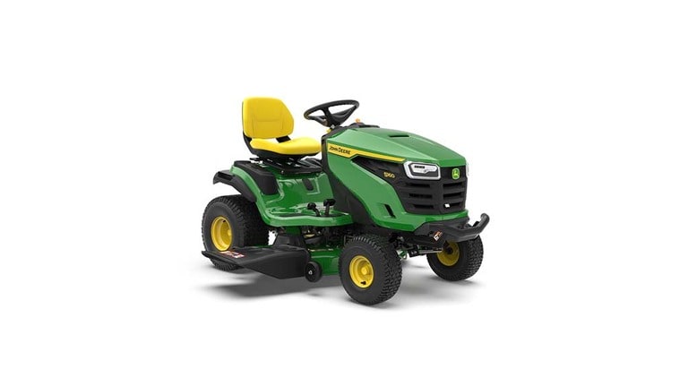A front-right-facing green riding mower with a yellow seat and green mowing deck on a white background.