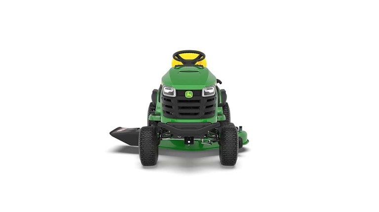A forward-facing green riding mower with a yellow seat and green mowing deck on a white background.