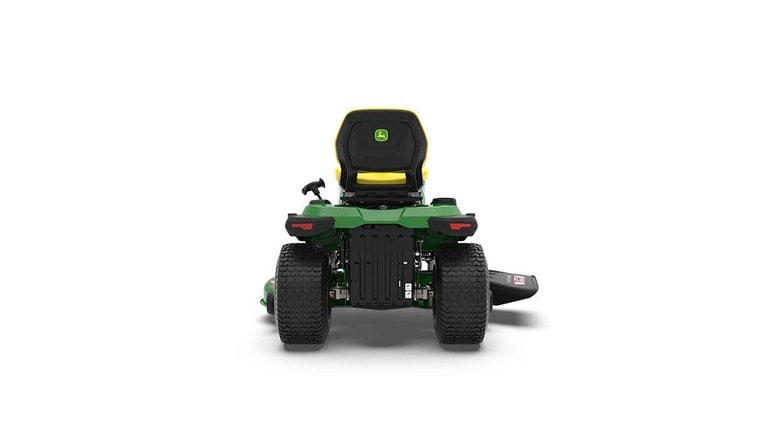 A backward-facing green riding mower with a yellow seat and green mowing deck on a white background.