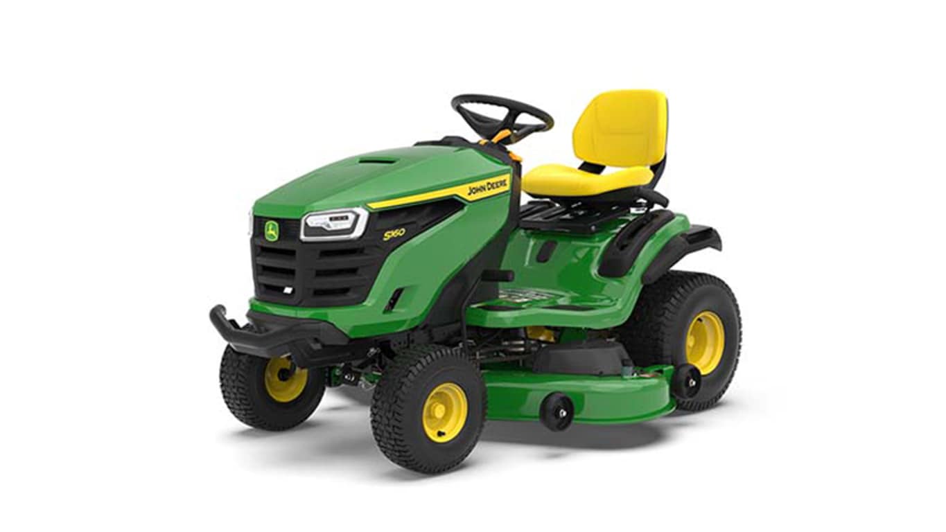 A front-left-facing green S160 mower with a yellow seat and green mowing deck on a white background.