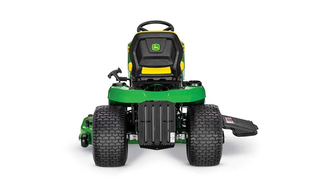 A backward-facing green riding mower with a yellow seat and green 48" mowing deck on a white background.