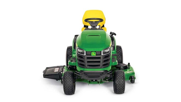 A forward-facing green riding mower with a yellow seat and green 48" mowing deck on a white background.