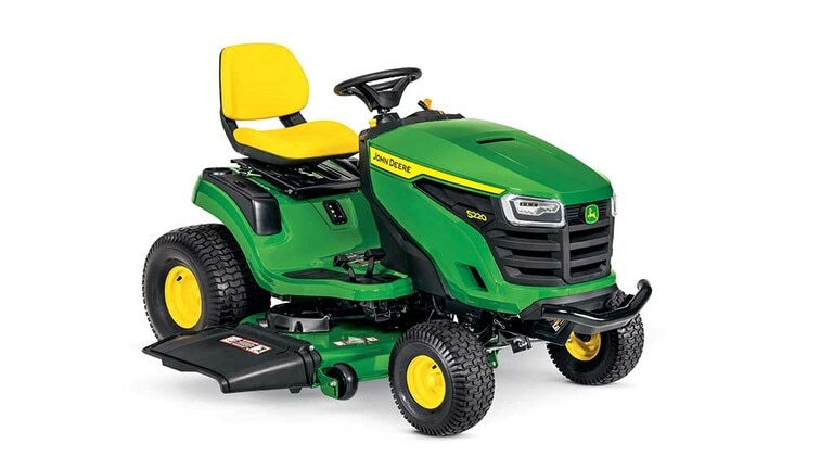 A front-right-facing green riding mower with a yellow seat and green 48" mowing deck on a white background.