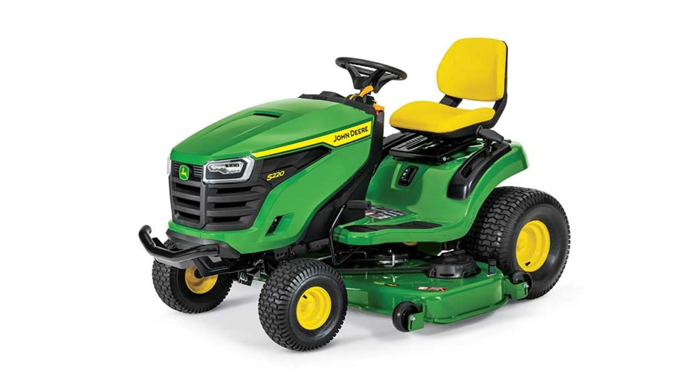 A front-left-facing green riding mower with a yellow seat and green 48" mowing deck on a white background.