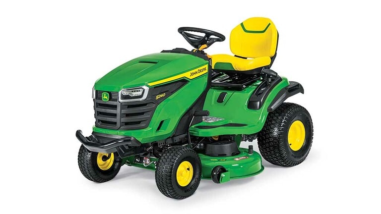 A front-left-facing green riding mower with a yellow seat and green 42" mowing deck on a white background.