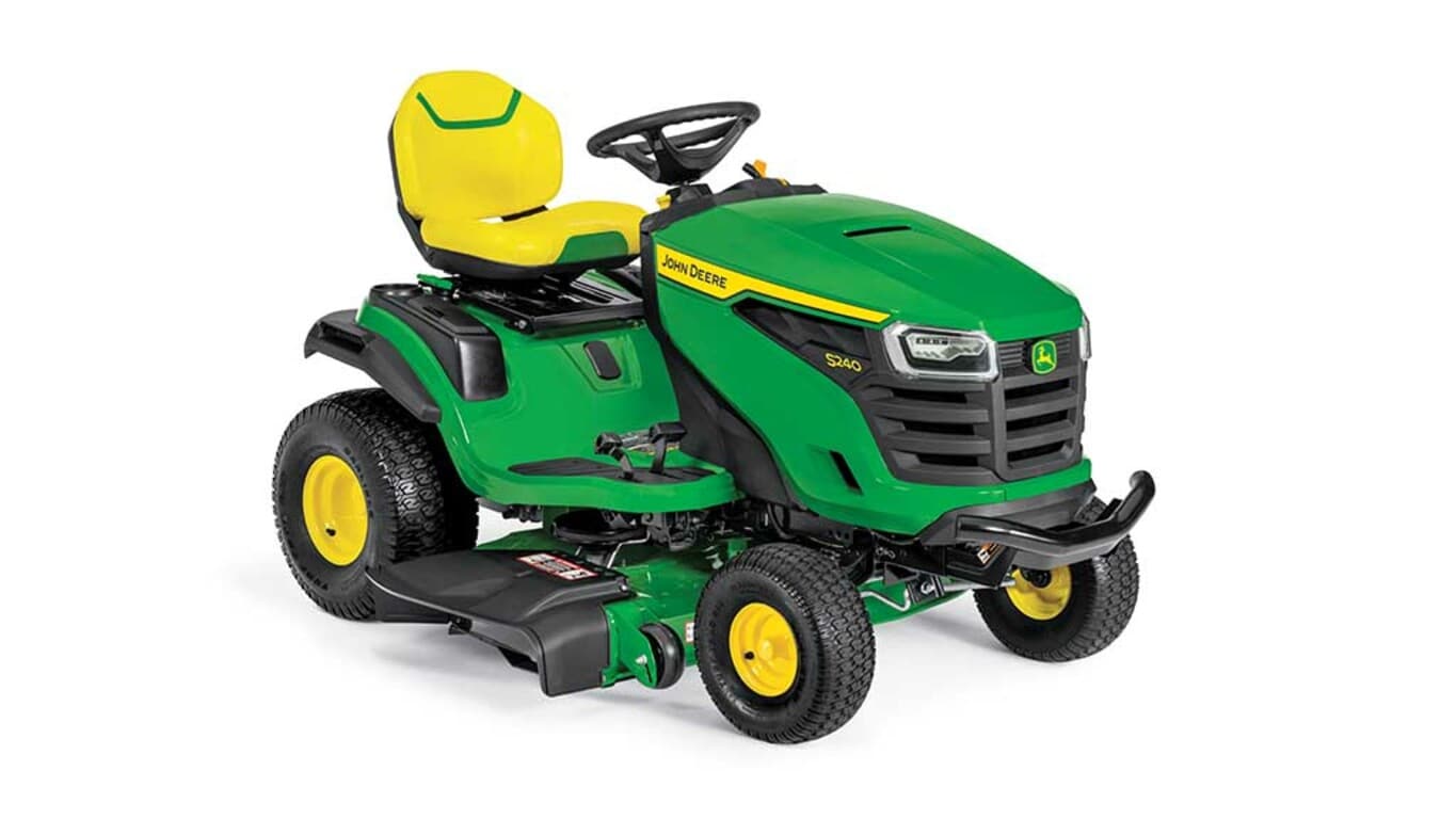 A front-right-facing green riding mower with a yellow seat and green 42" mowing deck on a white background.