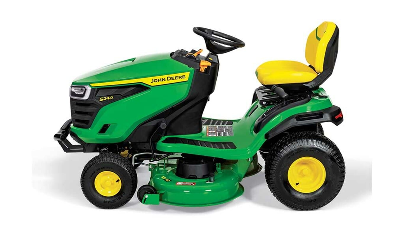 A left-facing green riding mower with a yellow seat and green 42" mowing deck on a white background.