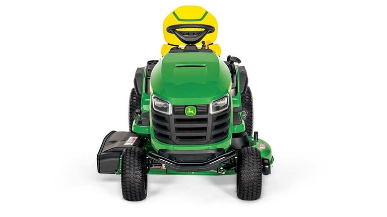 A forward-facing green riding mower with a yellow seat and green 42" mowing deck on a white background.