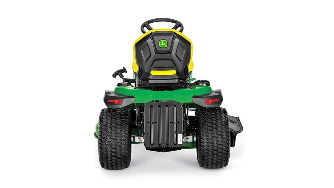 A backward-facing green riding mower with a yellow seat and green 42" mowing deck on a white background.