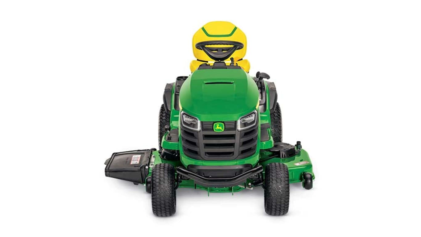 A forward-facing green riding mower with a yellow seat and green 48" mowing deck on a white background.
