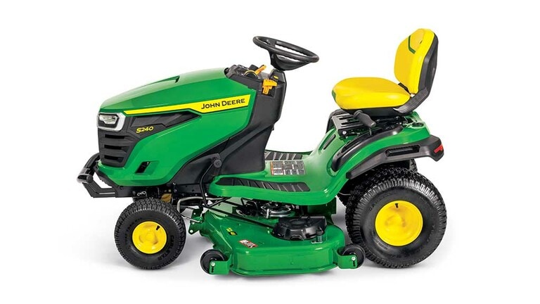 A left-facing green riding mower with a yellow seat and green 48" mowing deck on a white background.