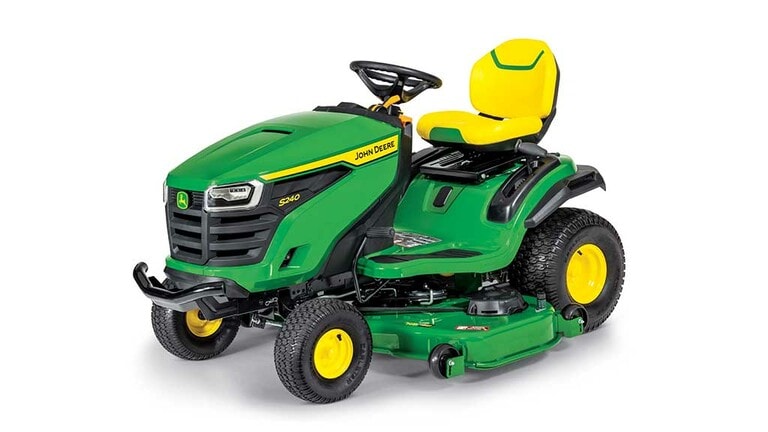 A front-left-facing green riding mower with a yellow seat and green 48" mowing deck on a white background.