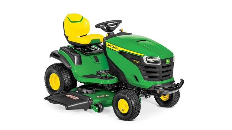 A front-right-facing green riding mower with a yellow seat and green 48" mowing deck on a white background.