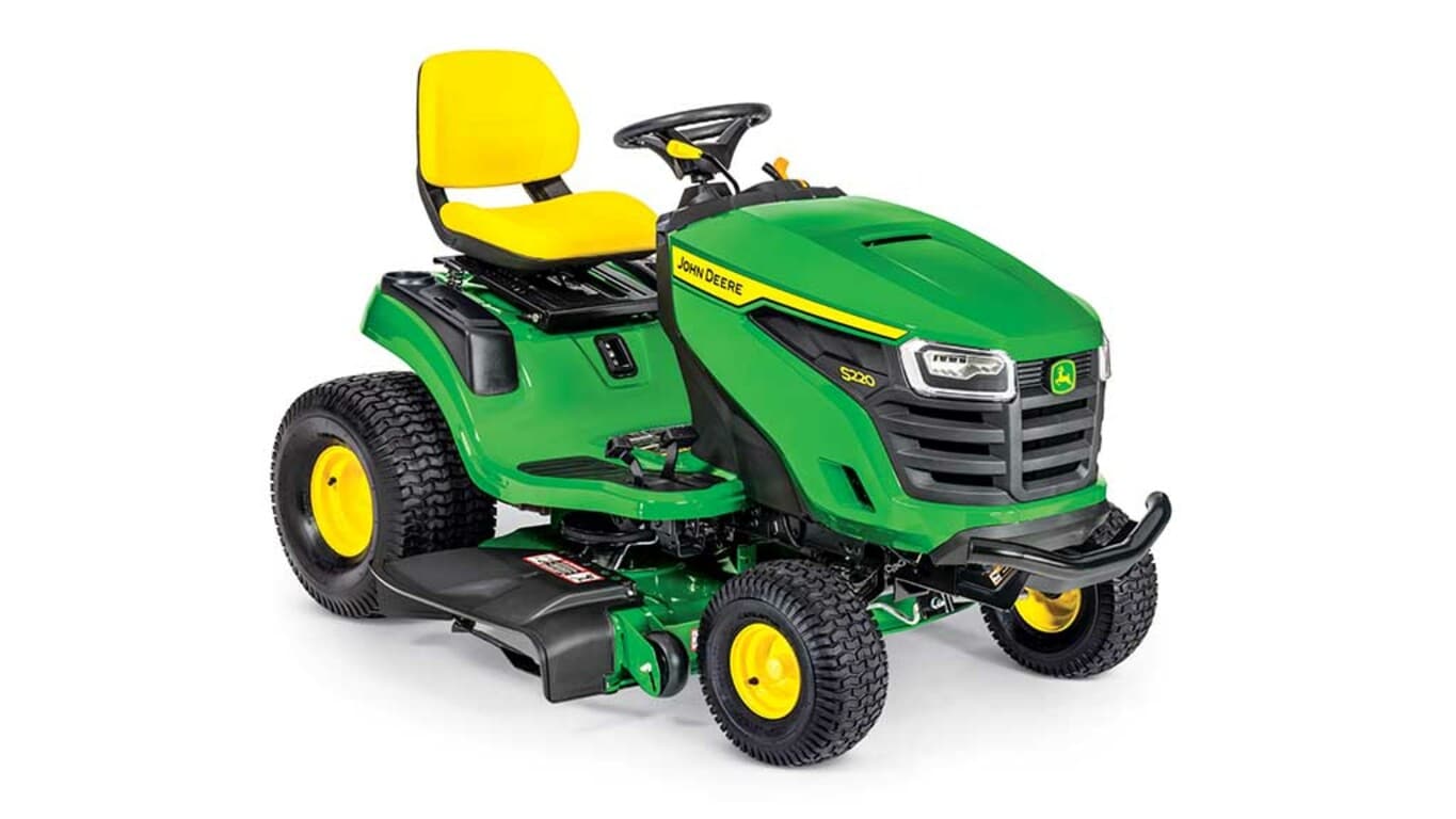 A front-right-facing green riding mower with a yellow seat and green 42" mowing deck on a white background.