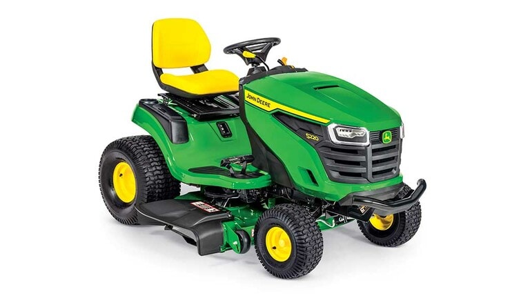 A front-right-facing green riding mower with a yellow seat and green 42" mowing deck on a white background.