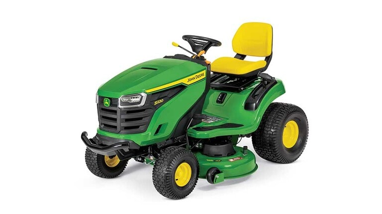 A front-left-facing green riding mower with a yellow seat and green 42" mowing deck on a white background.