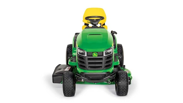 A forward-facing green riding mower with a yellow seat and green 42" mowing deck on a white background.
