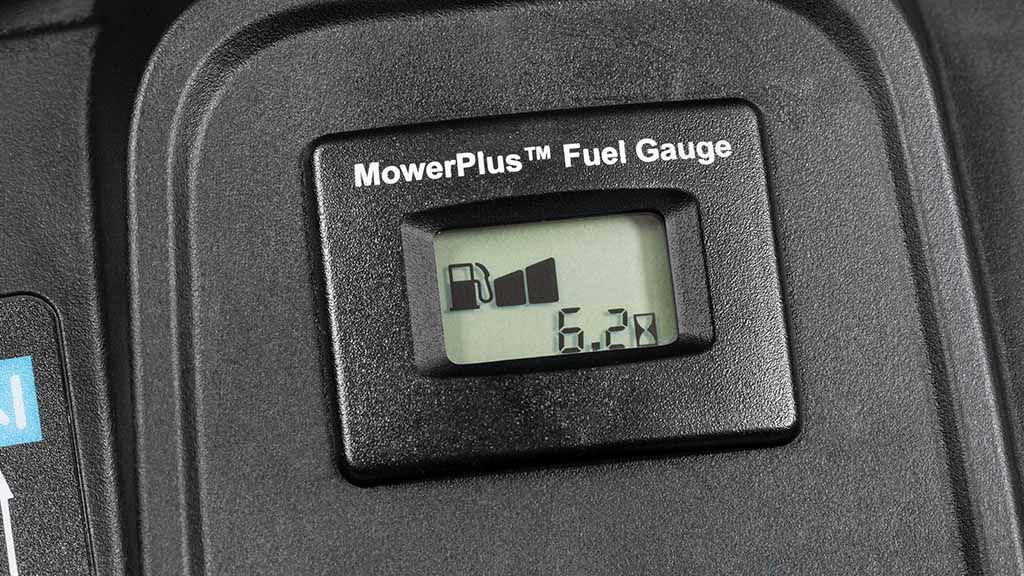 Close-up shot of a black fuel gauge displaying two bars and the number 6.2.