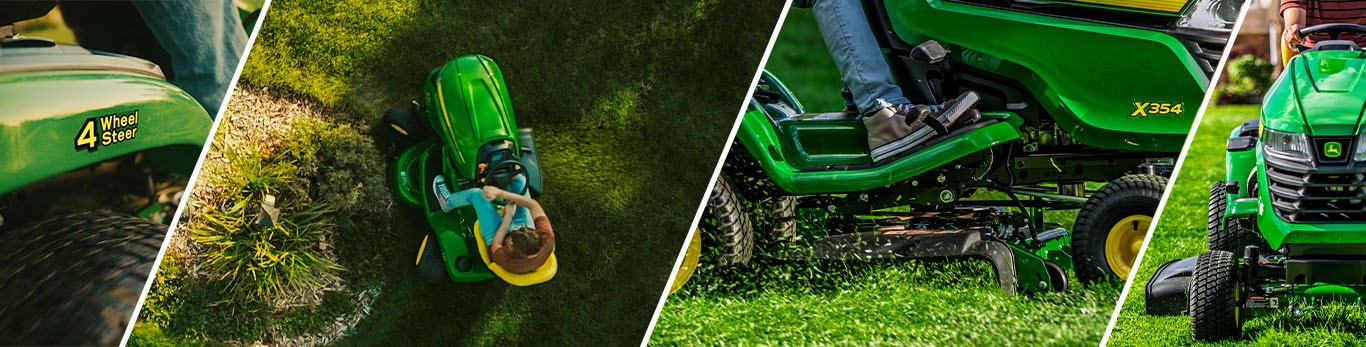 A collage of various close ups of a green Deere X354 riding mower cutting grass.