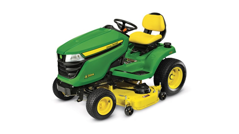 Three-quarter view of X394 lawn tractor