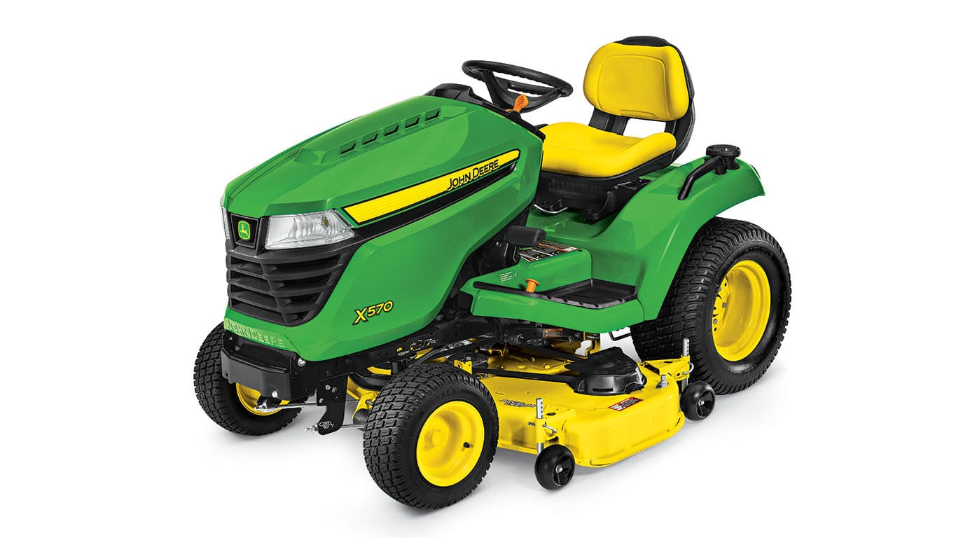 Three-quarter view of X570 lawn tractor.