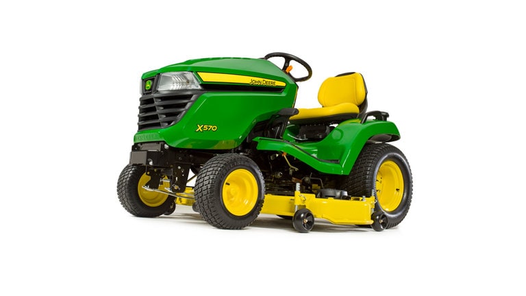 Three-quarter view of X570 lawn tractor with 48 inch deck