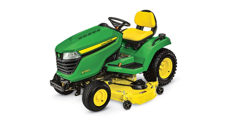 Three-quarter view of x580 lawn tractor with 54 inch deck