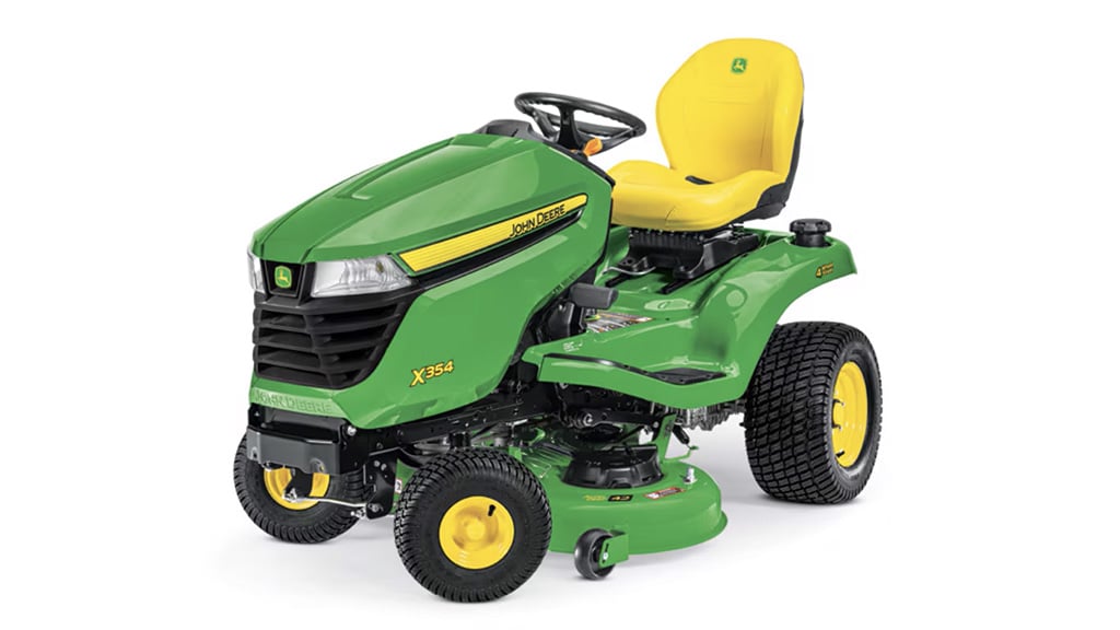 A front-left studio shot of a X354 green riding mower with a yellow seat on a white background.