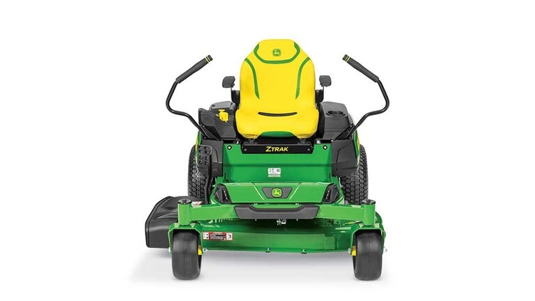 A forward-facing green zero-turn mower with a yellow seat and green mowing deck on a white background.