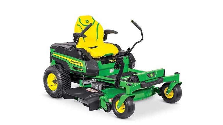 A front-right-facing green zero-turn mower with a yellow seat and green mowing deck on a white background.
