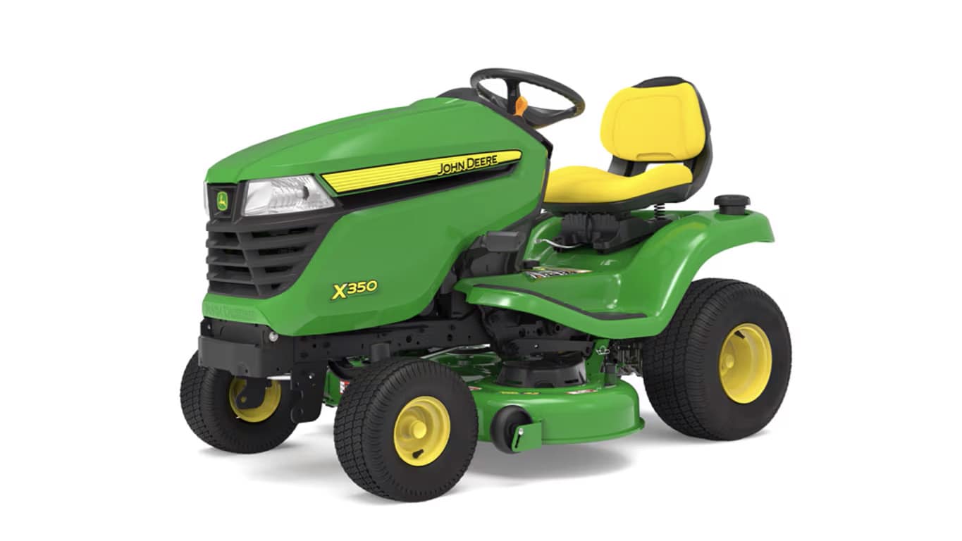 A front-left studio shot of a X350 green riding mower with a yellow seat on a white background.