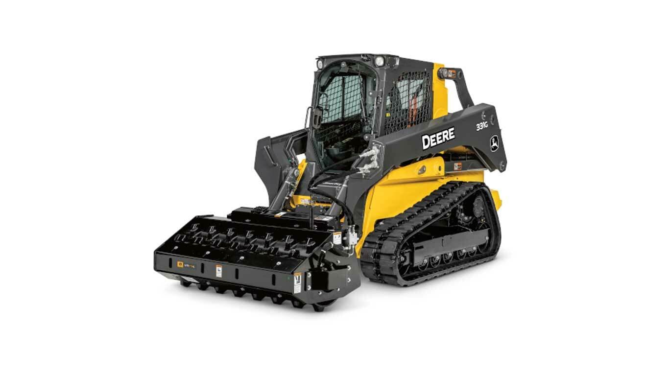 VR73C Vibratory Roller Attachment on a skid steer with tracks on a white background