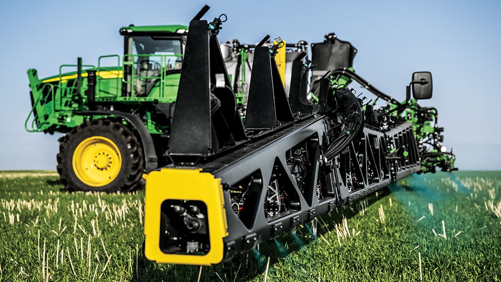 Self-propelled sprayer target spraying weeds.