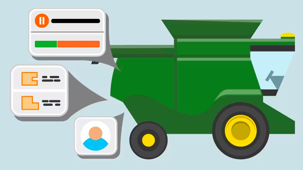 Icon image of a combine with representative data about the machine and work done.