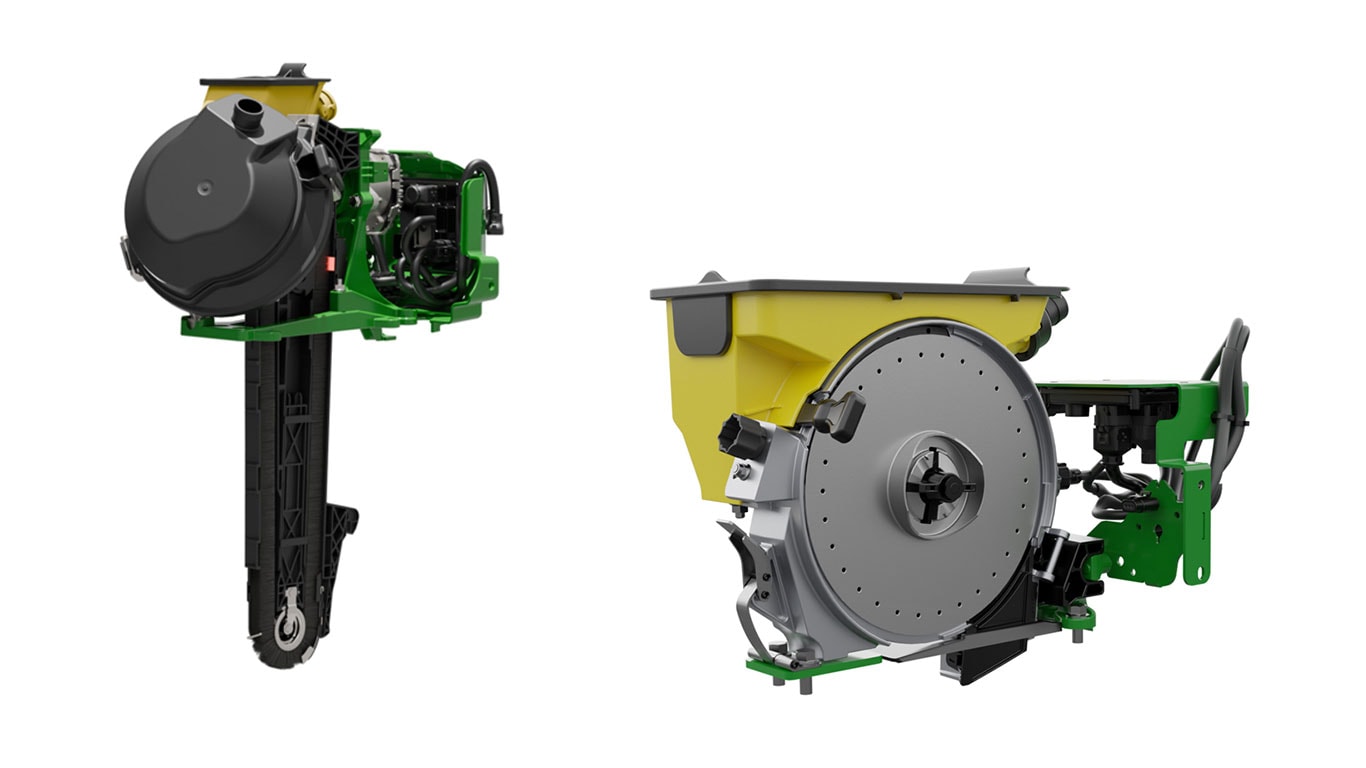 Two views of a John&nbsp;Deere planter row unit showing seed meter and delivery system.