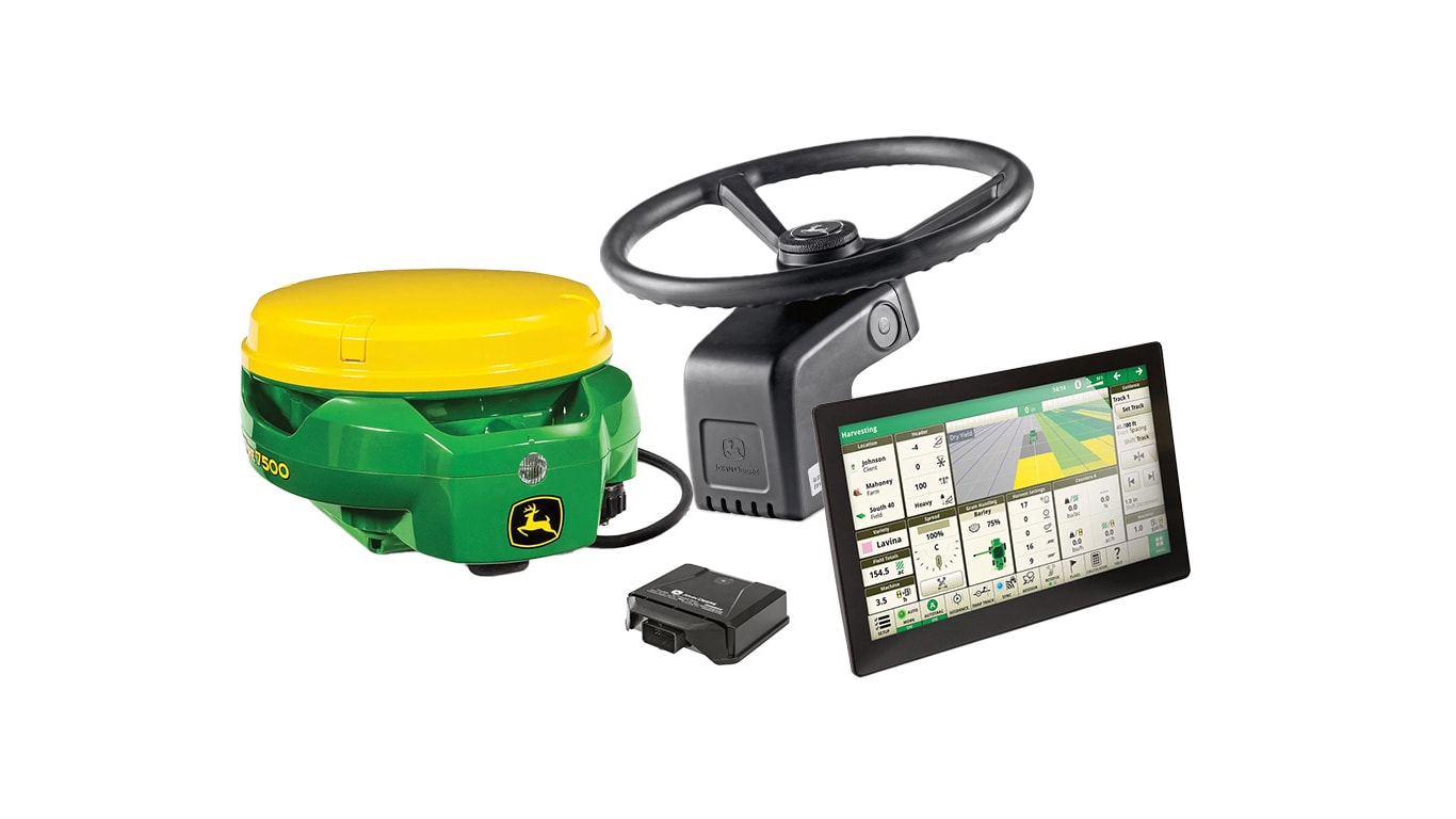 Precision ag components including GPS receiver, steering assist wheel module, and touchscreen display.
